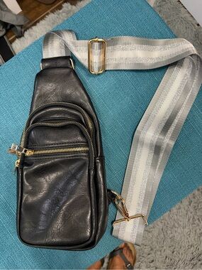 Black Leather Crossbody Sling Bag with Adjustable Stripe Strap